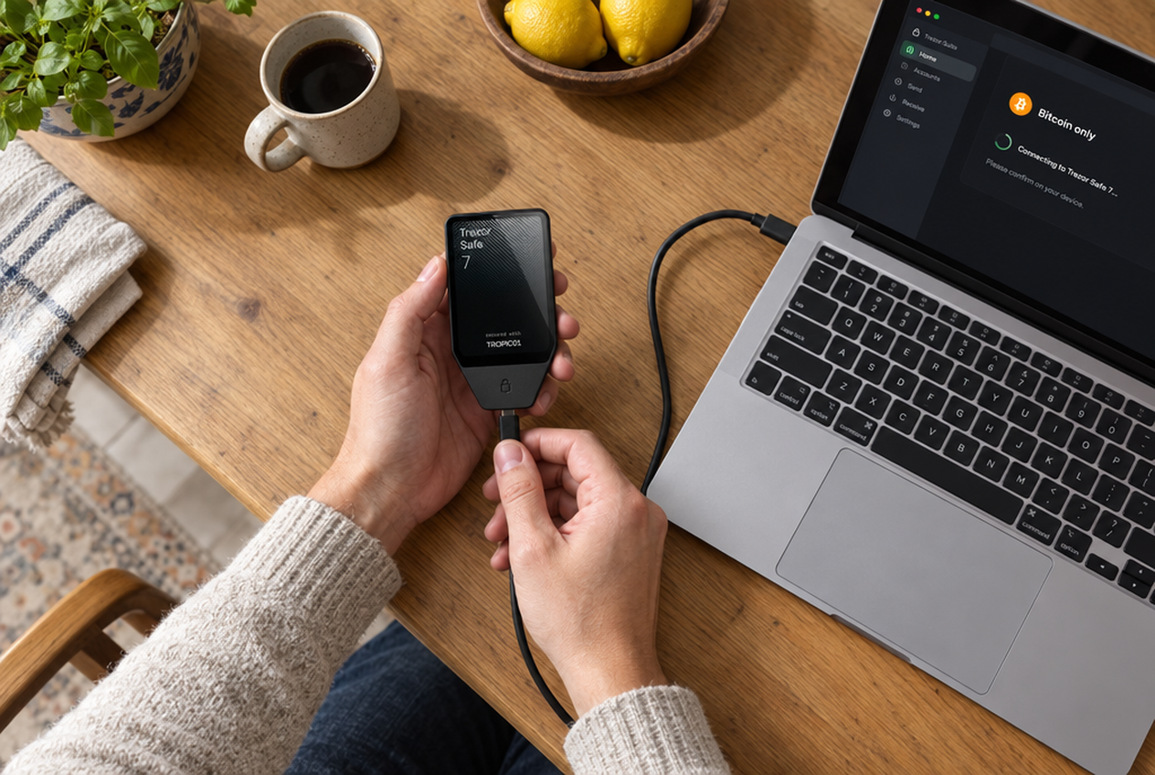 Trezor Safe 7 die schuin van boven op een laptop wordt aangesloten