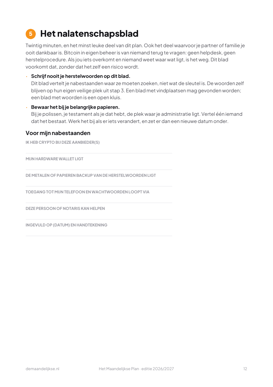 Pagina uit het plan: het nalatenschapsblad met invulregels voor nabestaanden