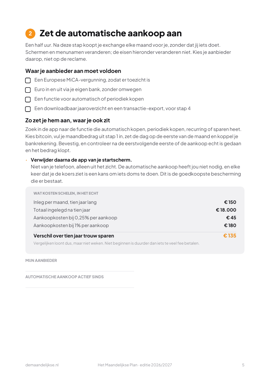 Pagina uit het plan: stap 2 over automatisch kopen, met eisenlijst en kostensom